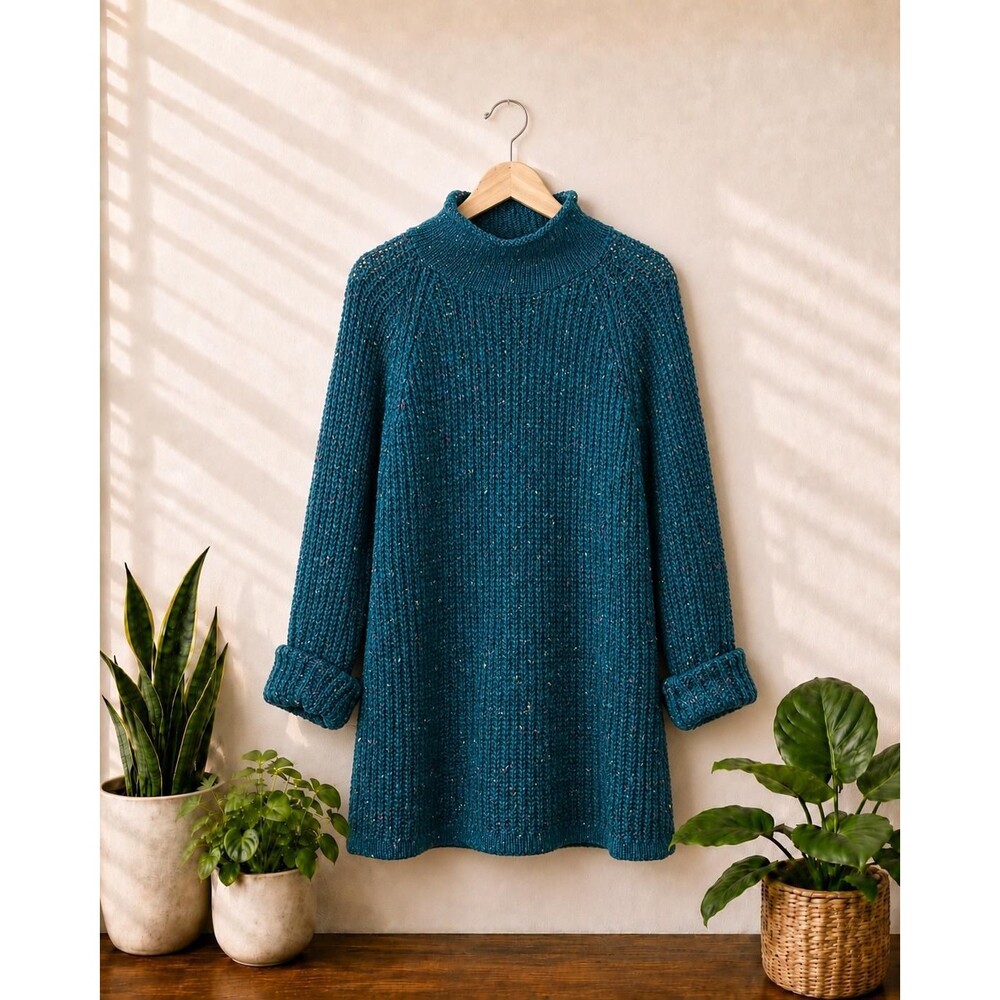 Vintage 90s Teal Confetti Knit Rolled Mock Neck Sweater Size Large